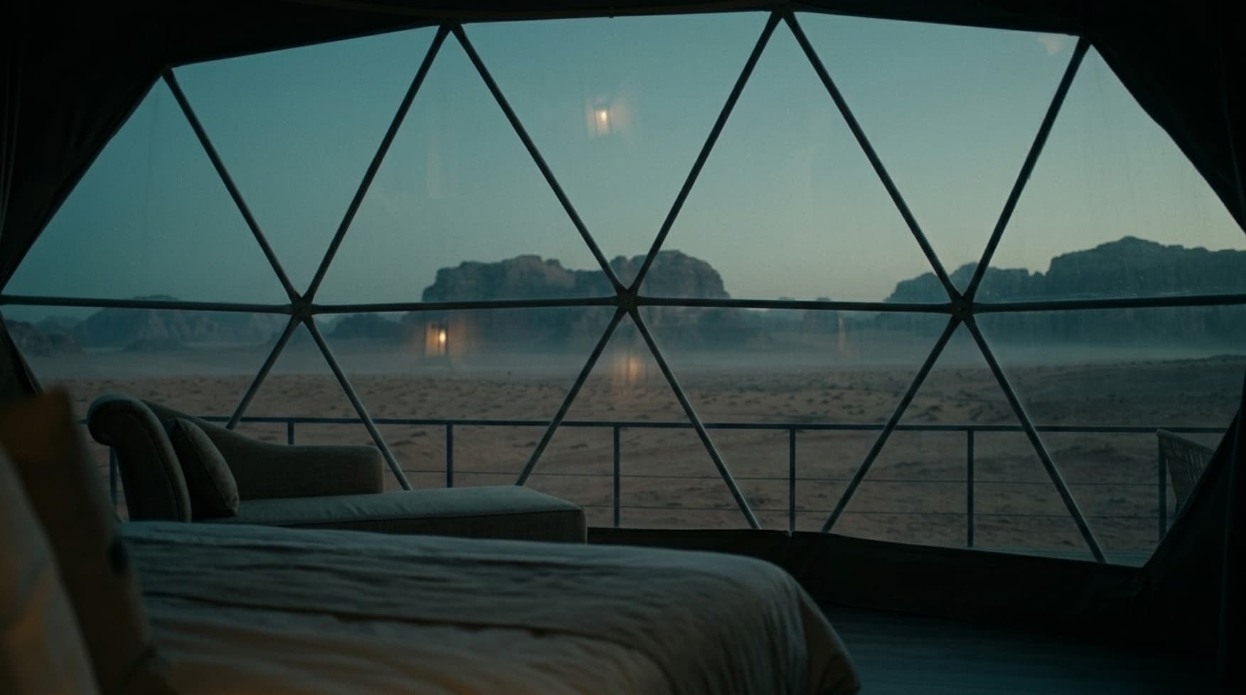 Luxury bubble tent exterior at golden hour